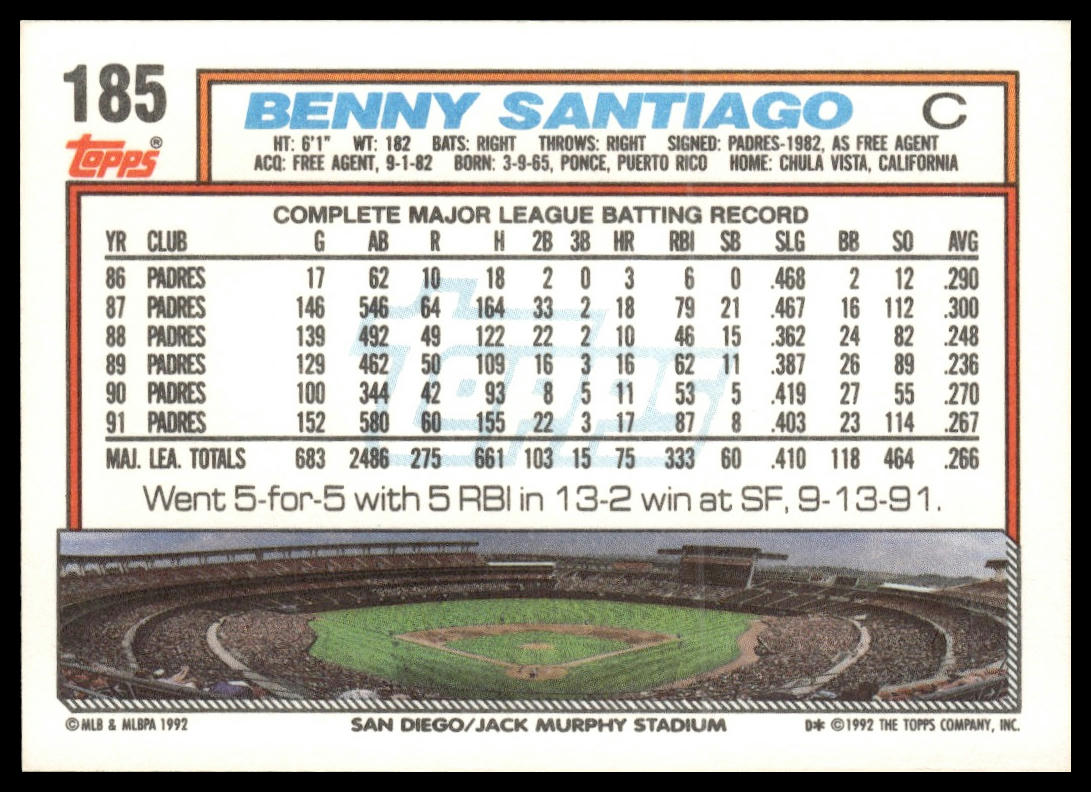 1992 Topps #185 Benny Santiago