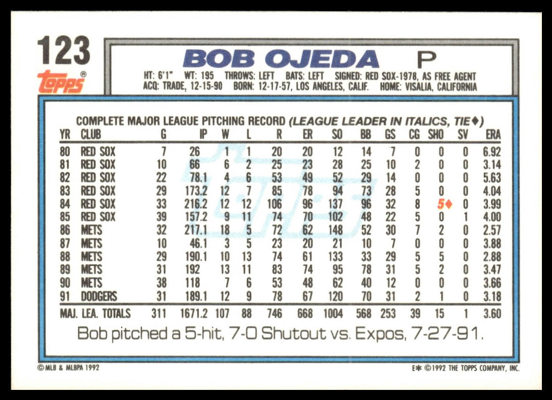 1992 Topps #123 Bob Ojeda