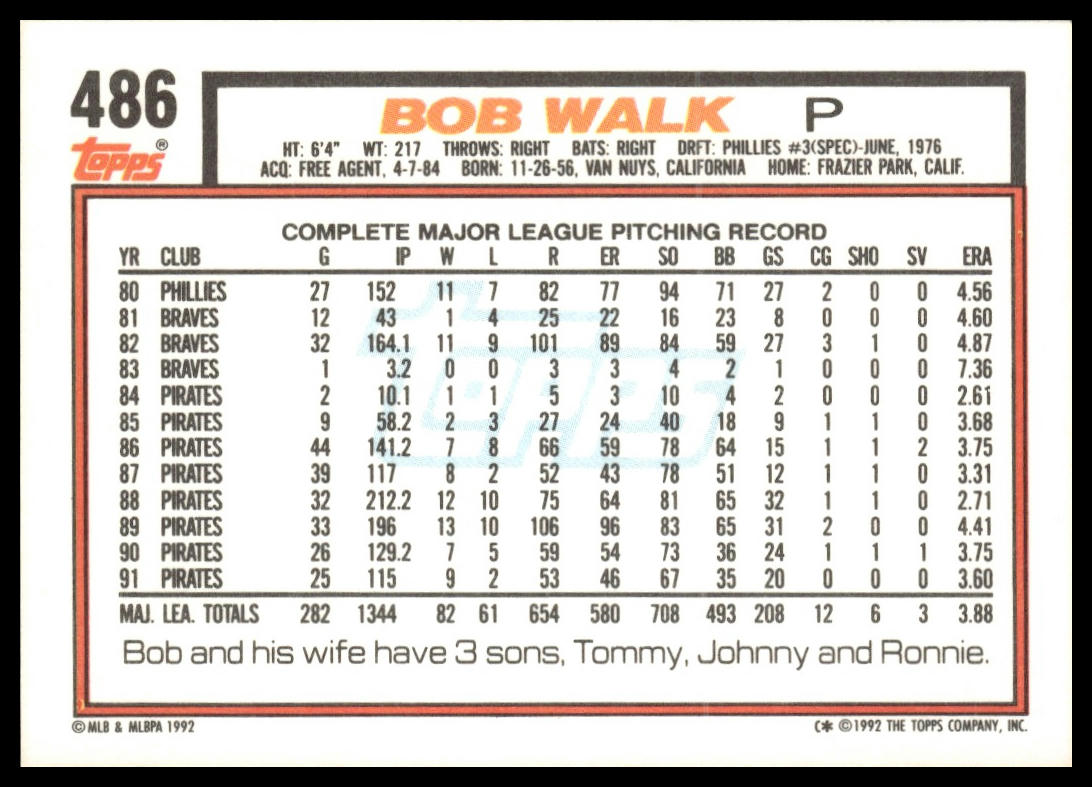1992 Topps #486 Bob Walk