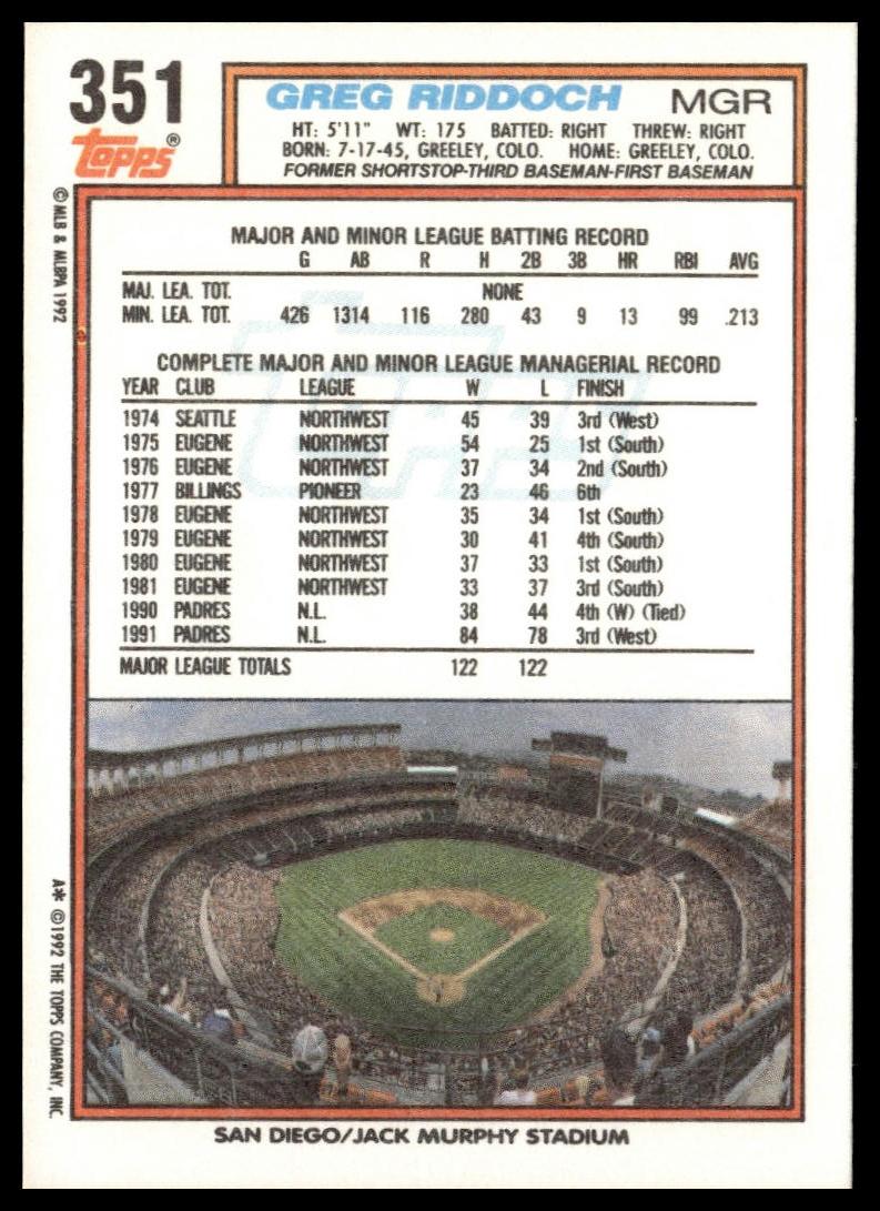 1992 Topps #351 Greg Riddoch