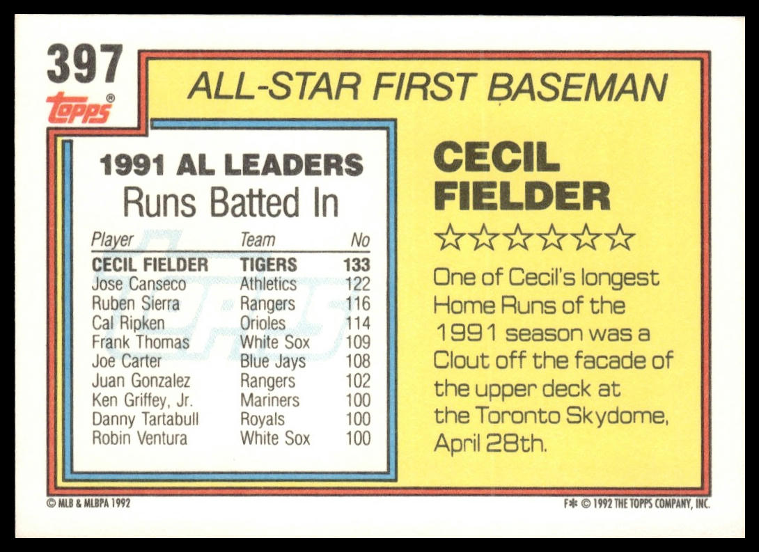 1992 Topps #397 Cecil Fielder