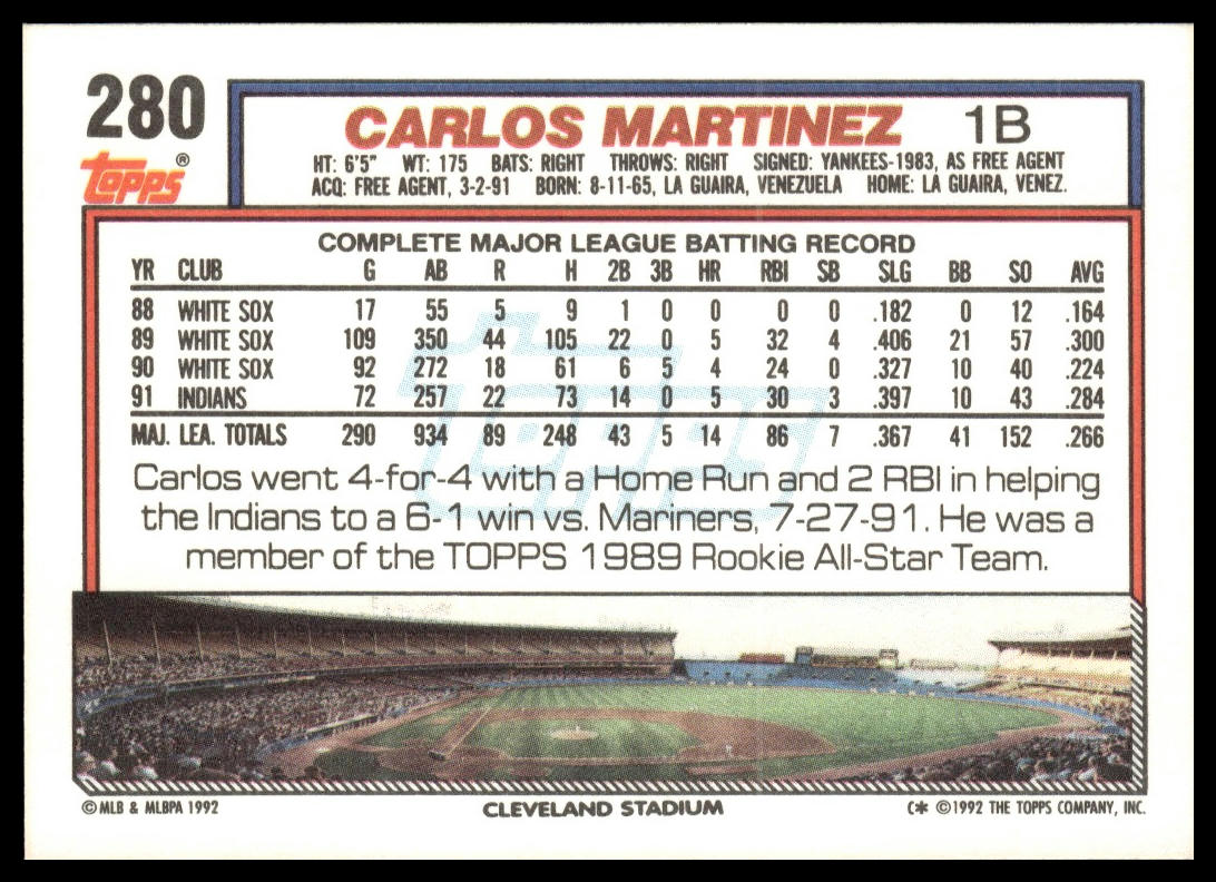 1992 Topps #280a Carlos Martinez print code C*