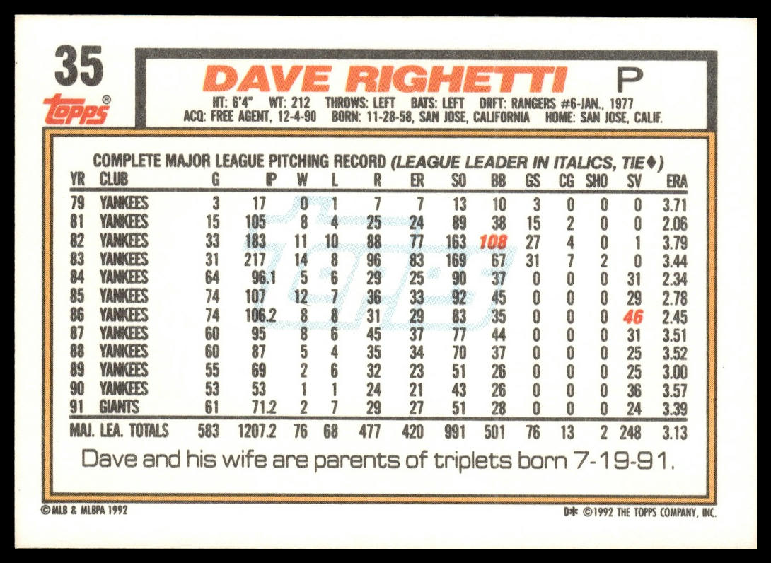 1992 Topps #35 Dave Righetti