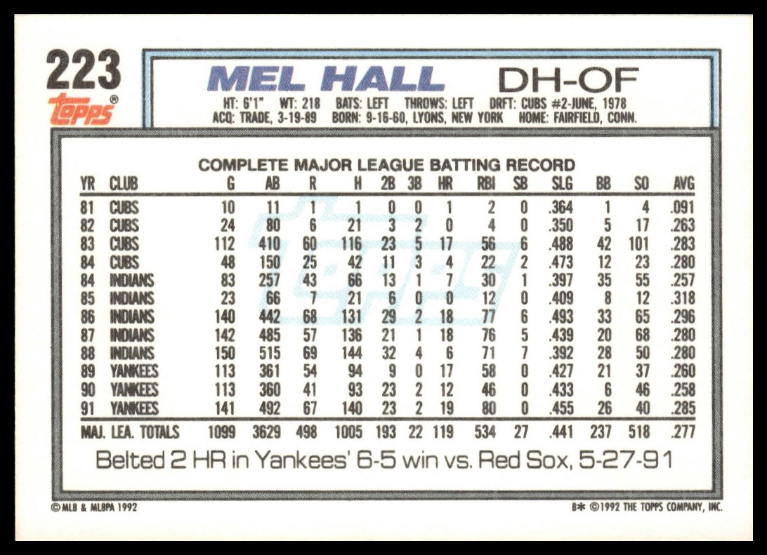 1992 Topps #223 Mel Hall