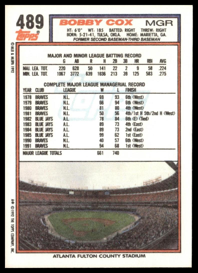 1992 Topps #489 Bobby Cox