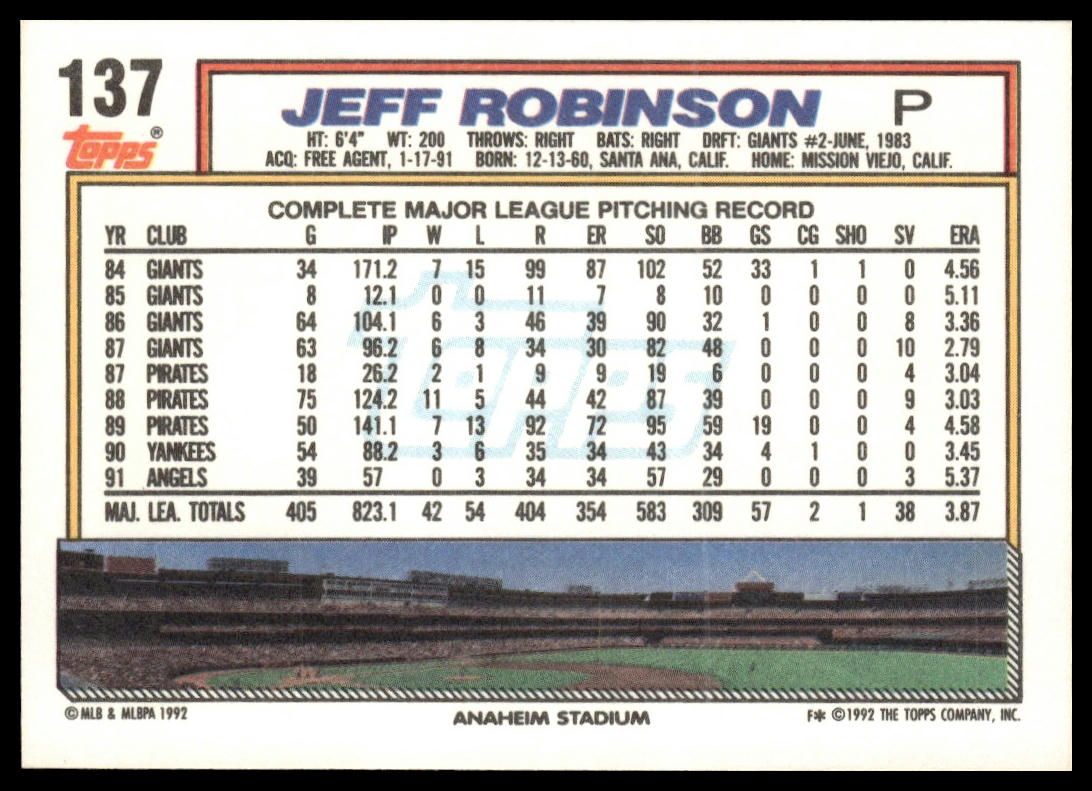 1992 Topps #137 Jeff Robinson