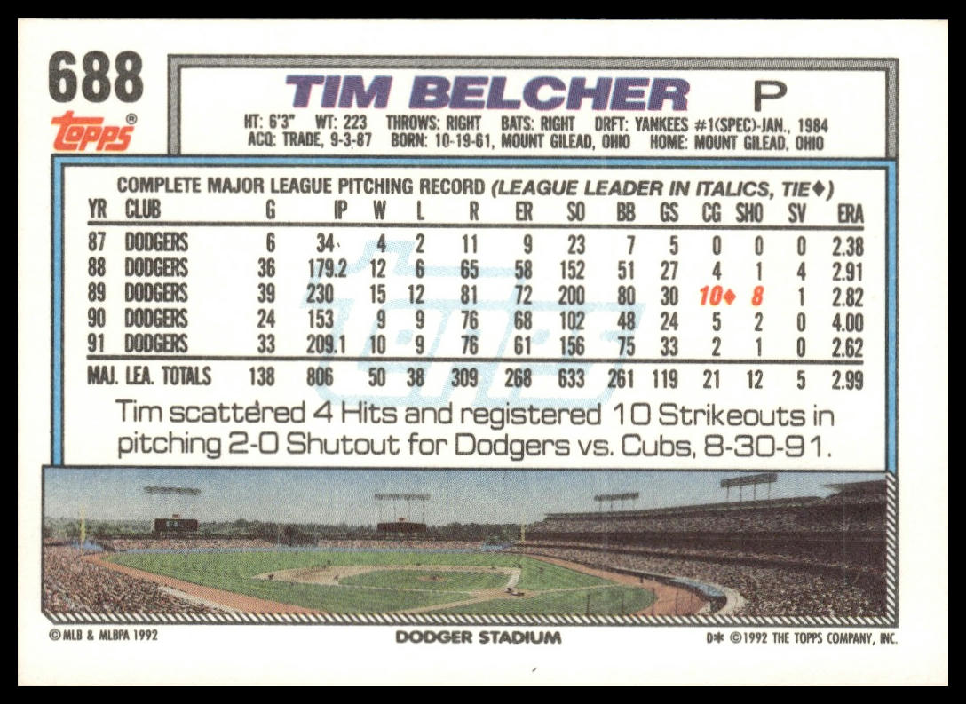 1992 Topps #688 Tim Belcher