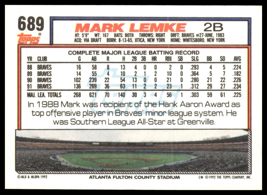 1992 Topps #689 Mark Lemke