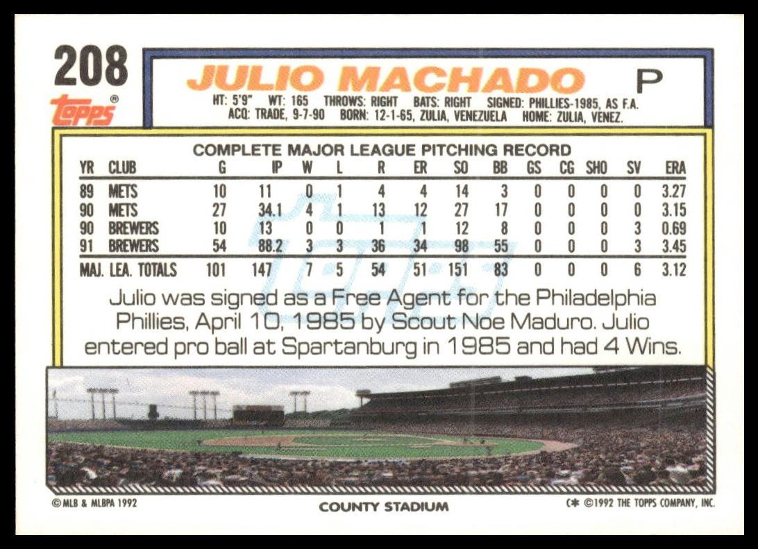 1992 Topps #208 Julio Machado