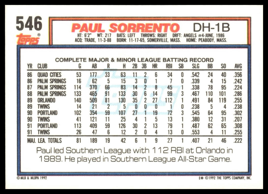 1992 Topps #546 Paul Sorrento