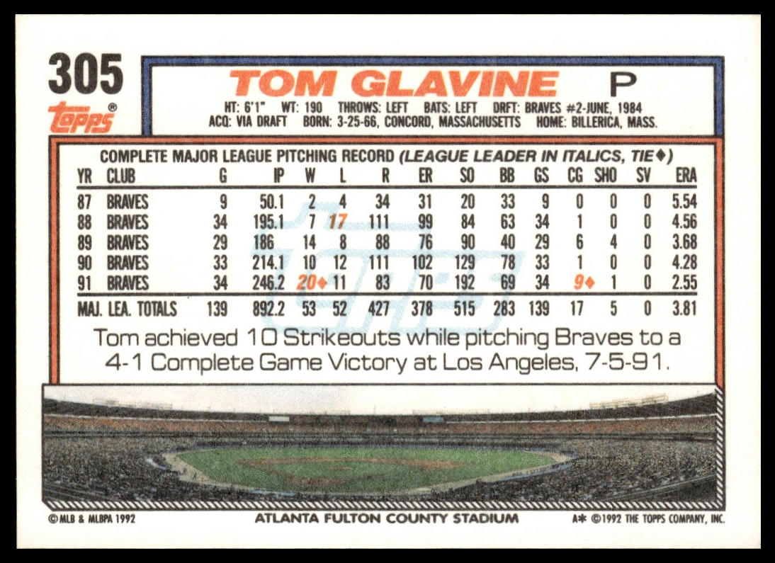 1992 Topps #305 Tom Glavine