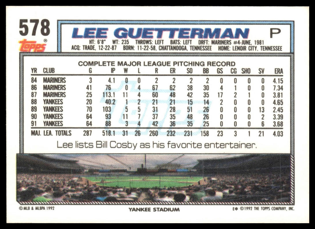 1992 Topps #578 Lee Guetterman