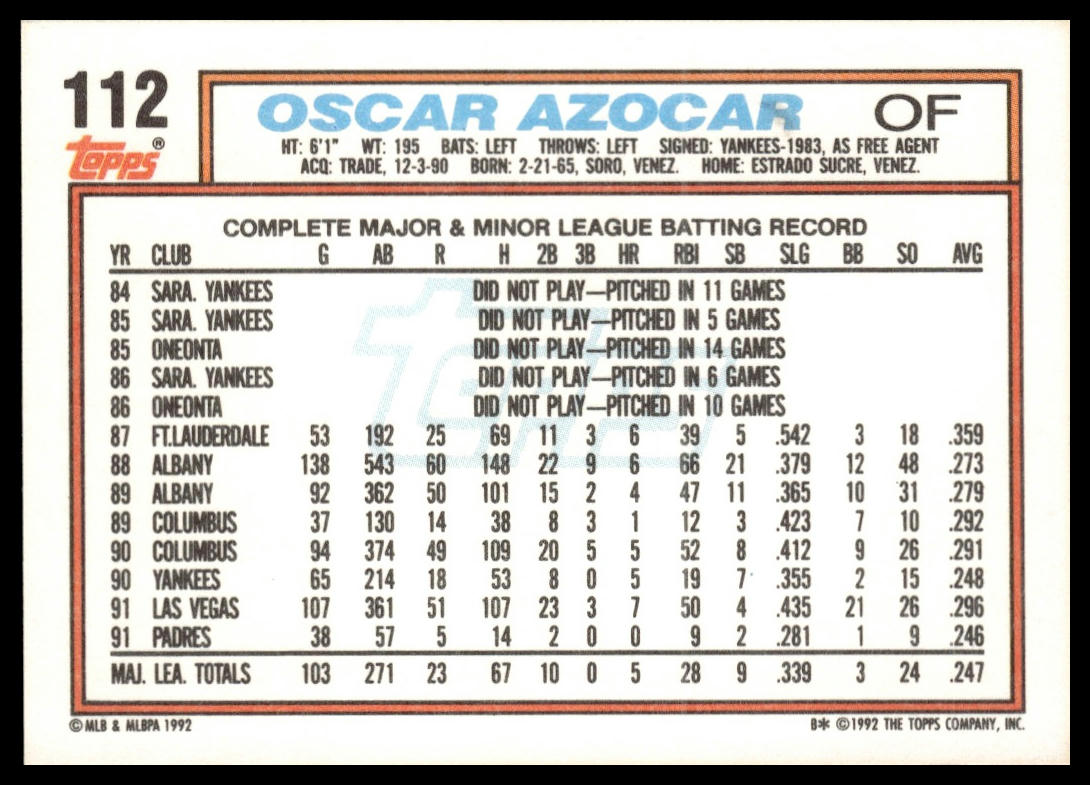 1992 Topps #112 Oscar Azocar