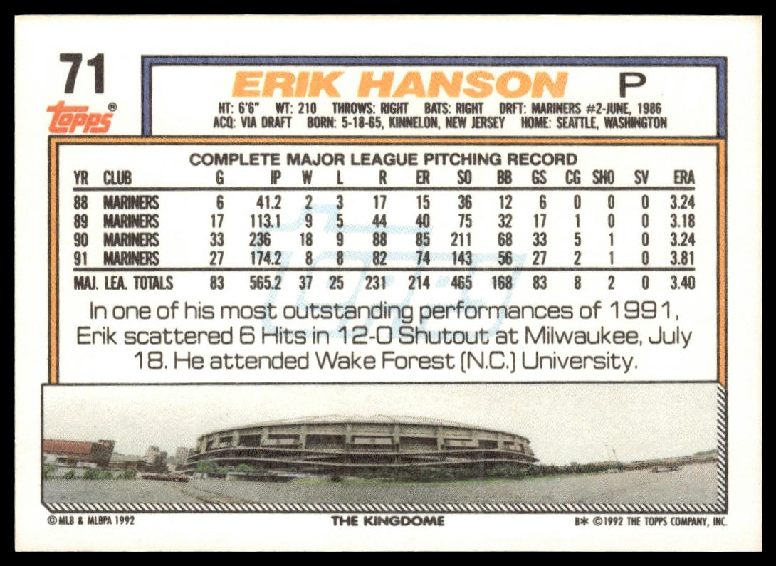 1992 Topps #71 Erik Hanson
