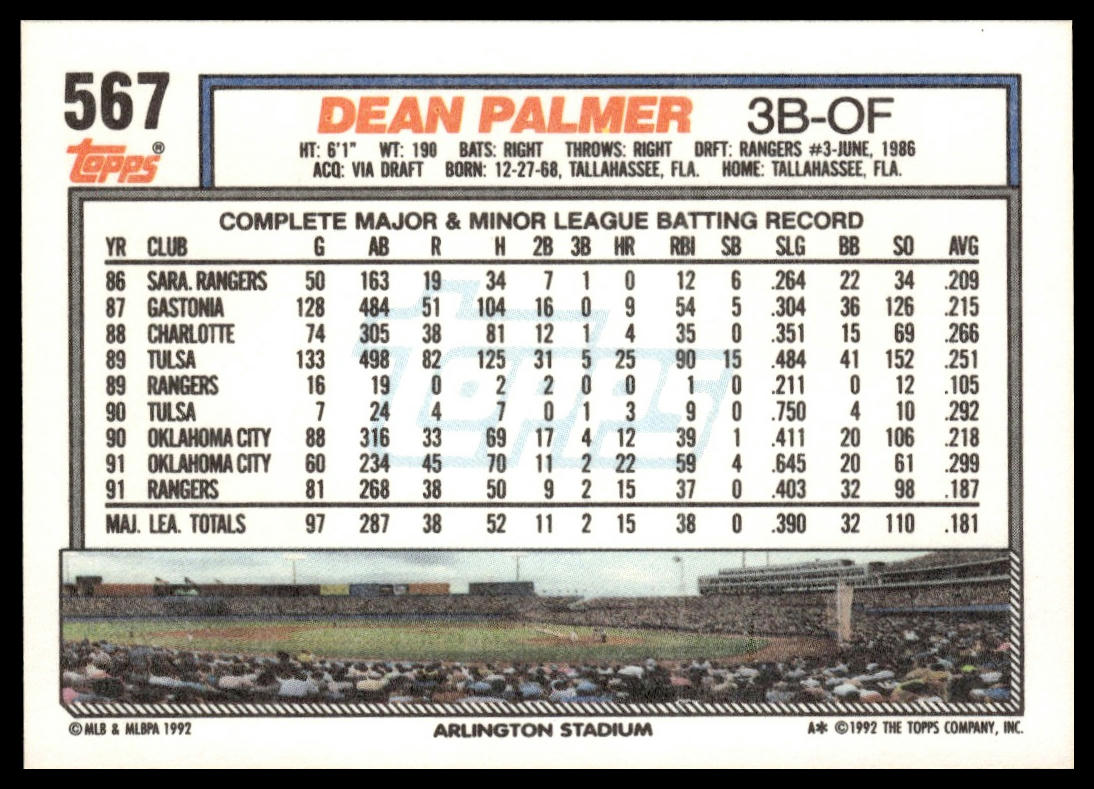 1992 Topps #567 Dean Palmer