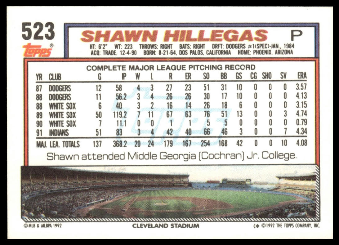 1992 Topps #523 Shawn Hillegas