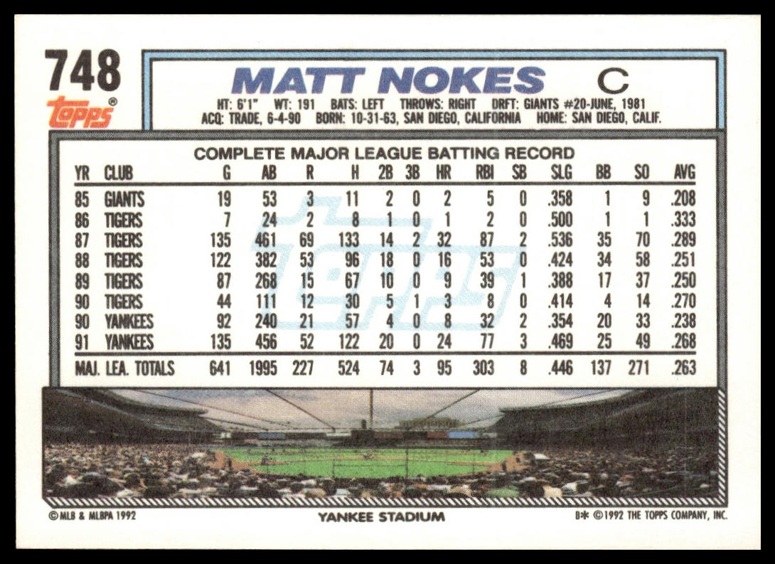 1992 Topps #748 Matt Nokes