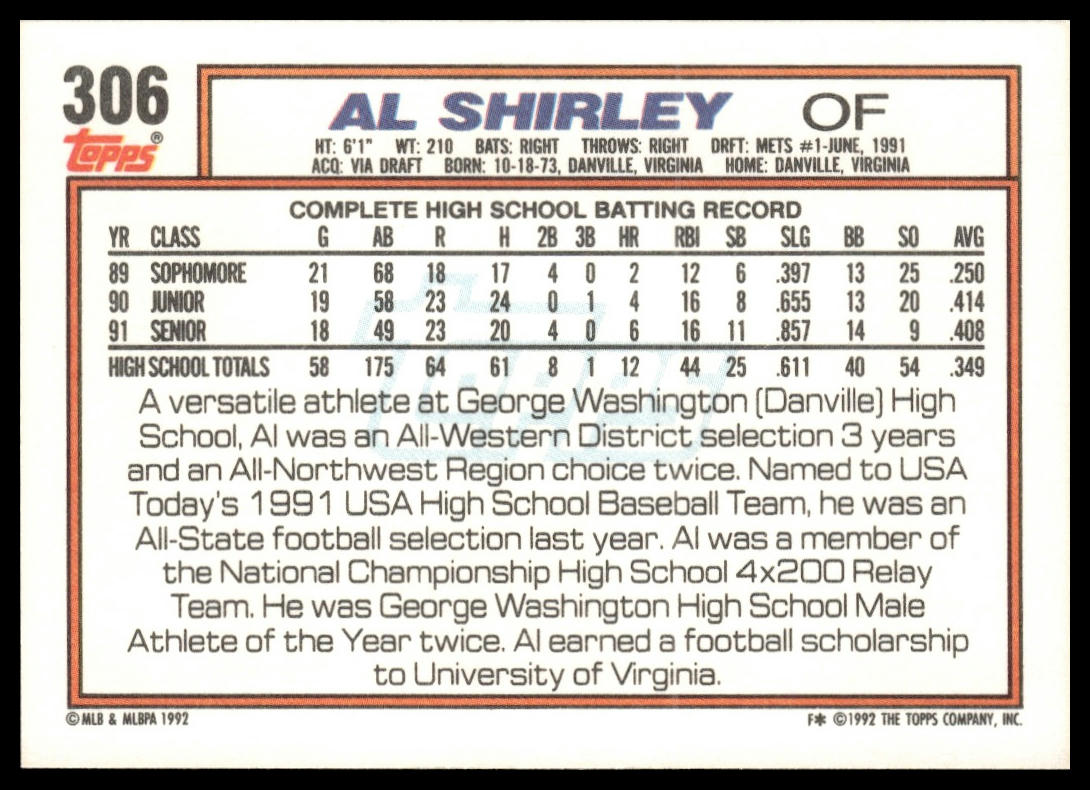 1992 Topps #306 Al Shirley
