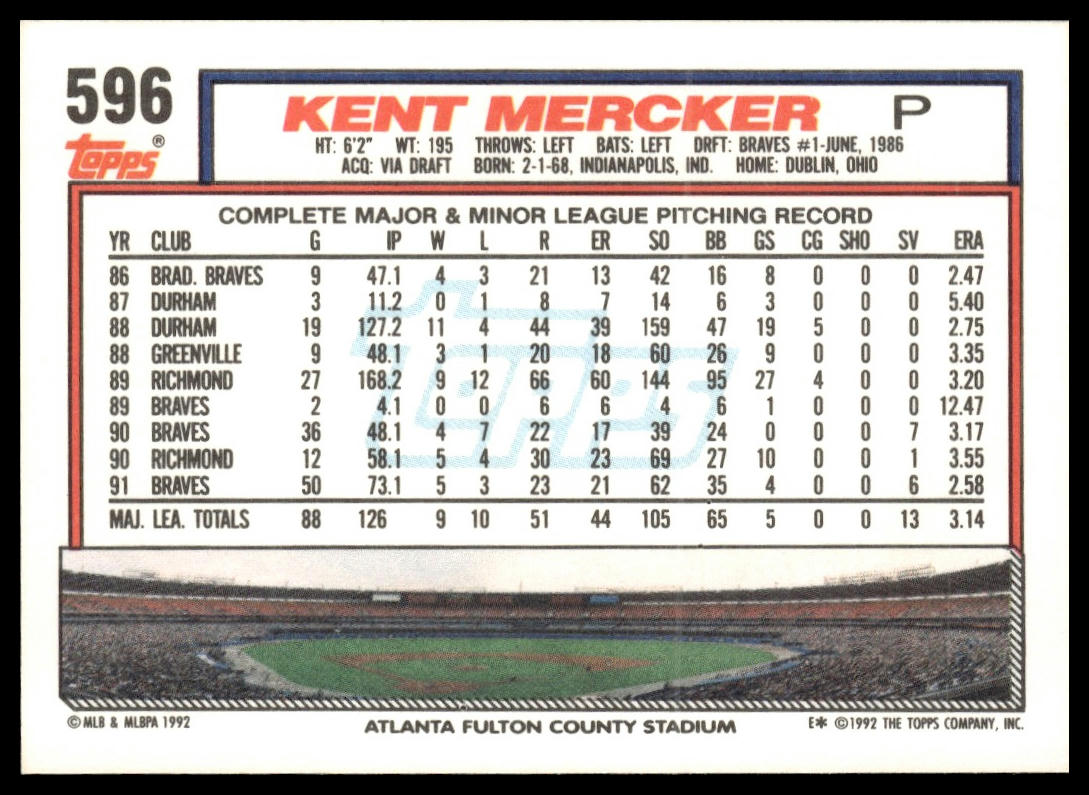 1992 Topps #596 Kent Mercker