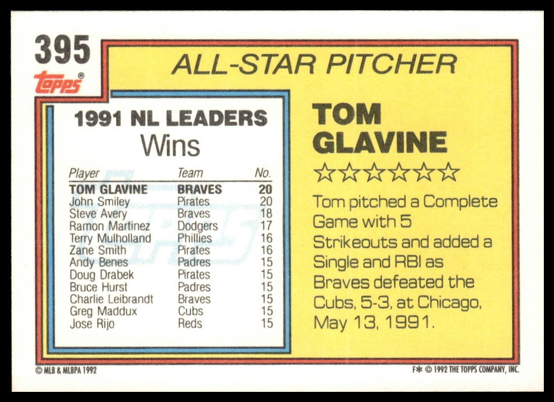 1992 Topps #395 Tom Glavine
