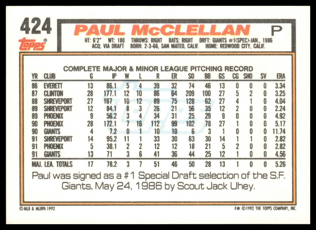 1992 Topps #424 Paul McClellan