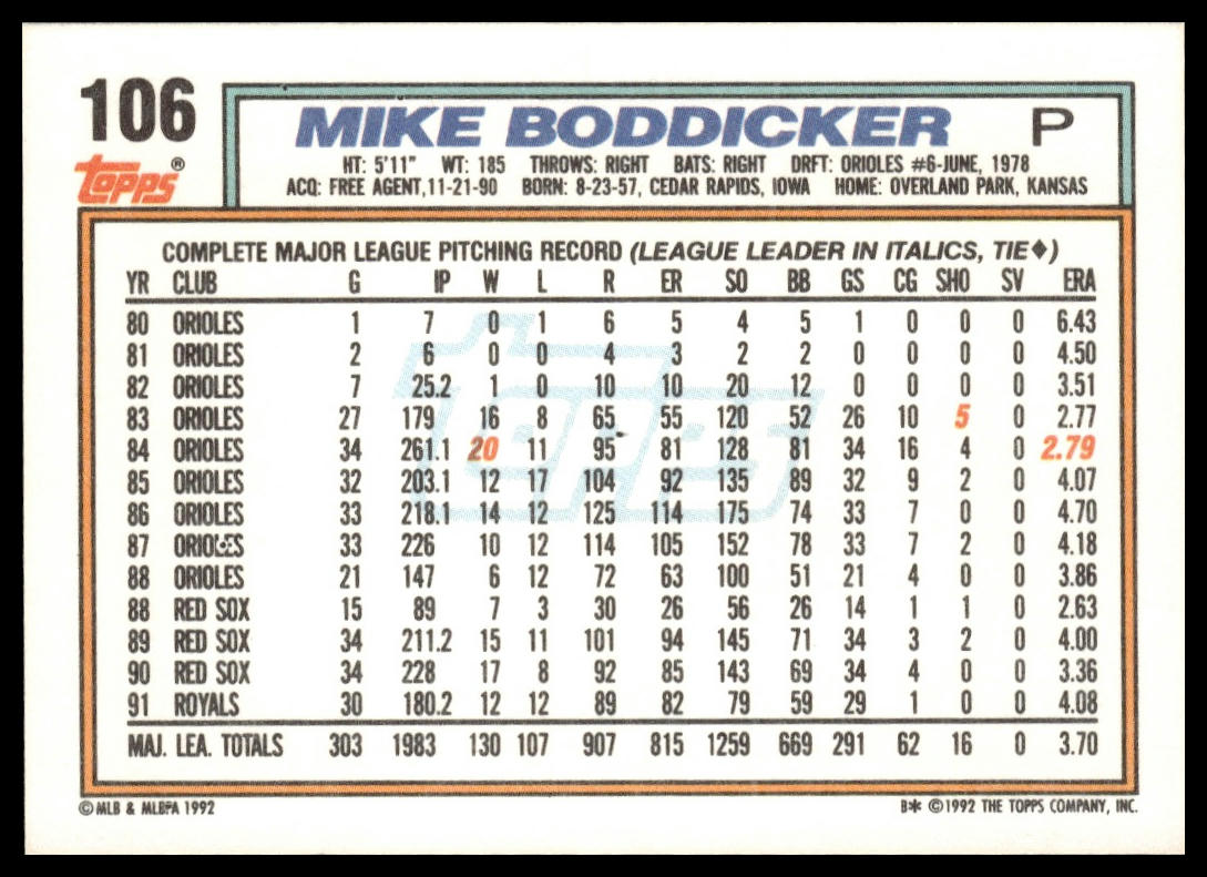 1992 Topps #106 Mike Boddicker