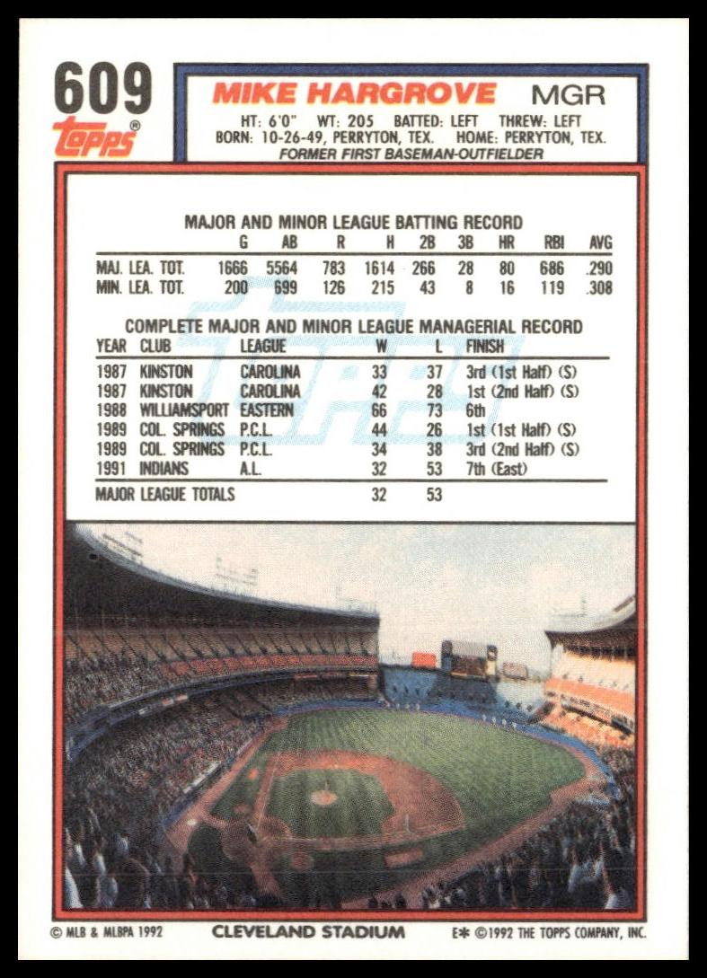 1992 Topps #609 Mike Hargrove