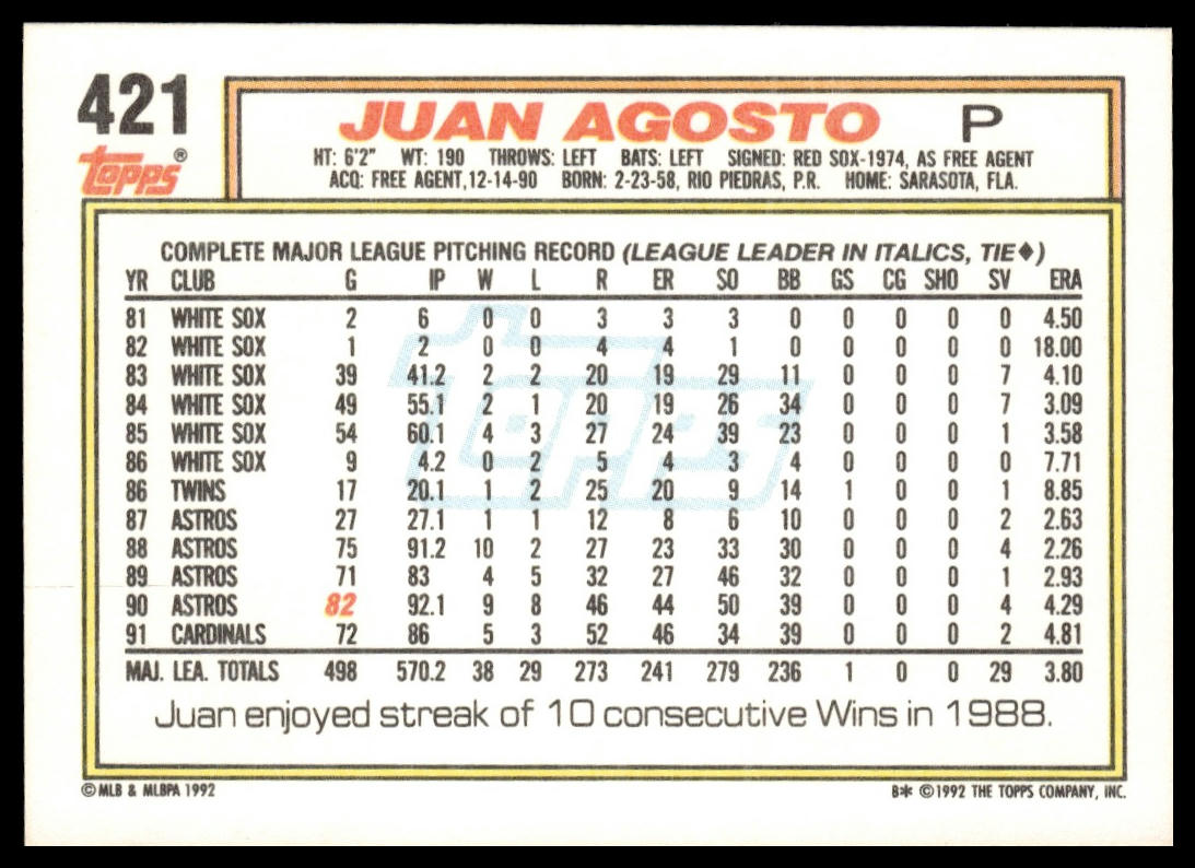 1992 Topps #421 Juan Agosto