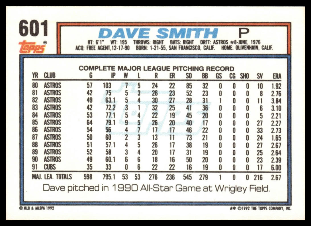 1992 Topps #601 Dave Smith