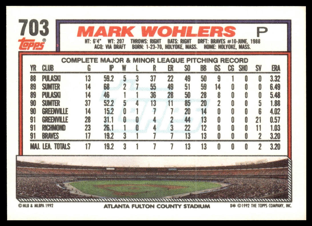 1992 Topps #703 Mark Wohlers