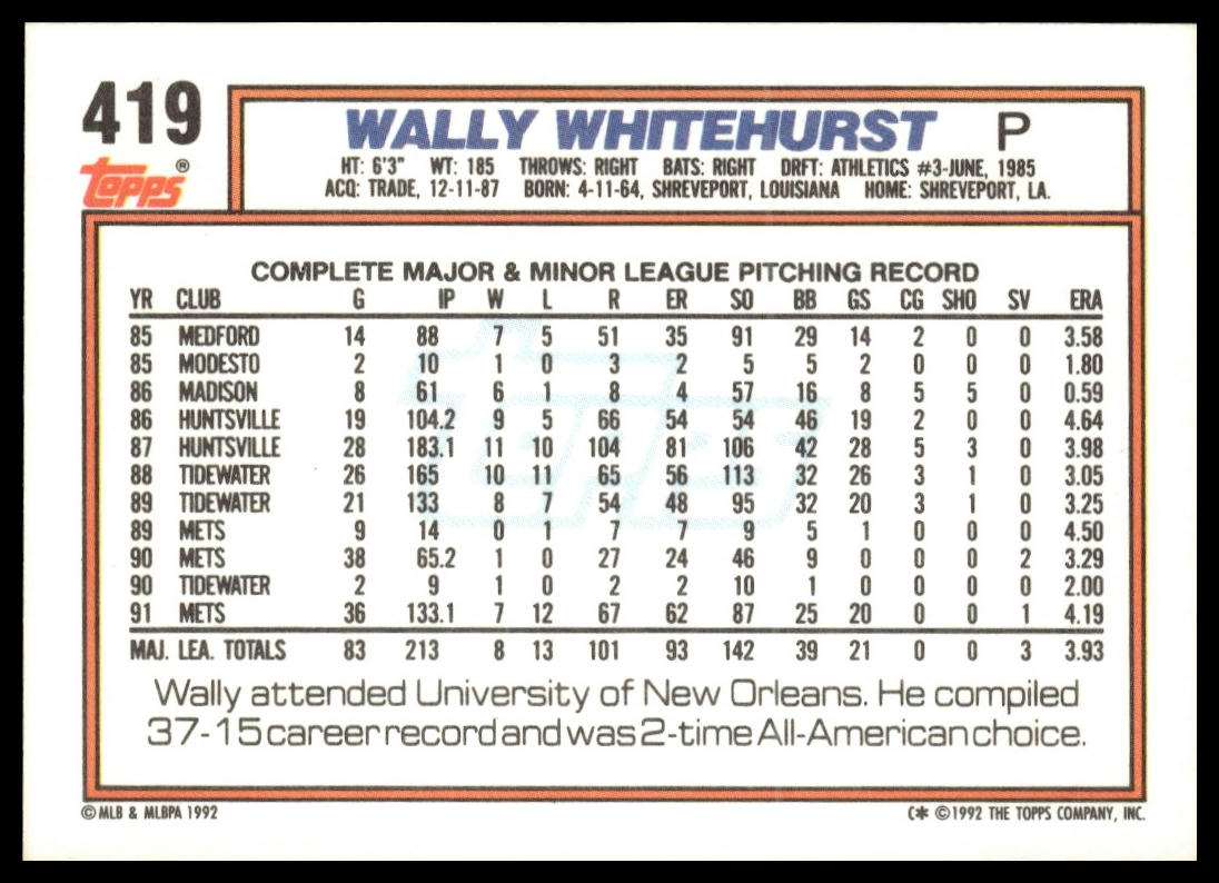 1992 Topps #419 Wally Whitehurst