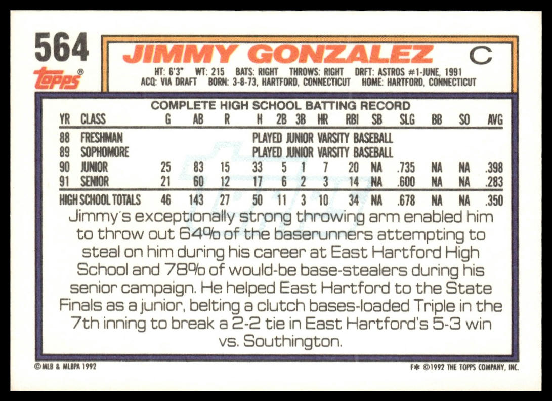 1992 Topps #564 Jimmy Gonzalez