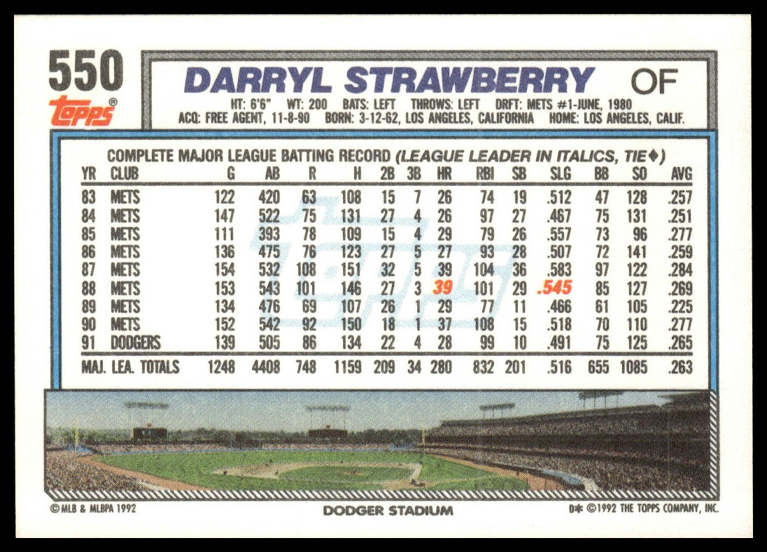 1992 Topps #550 Darryl Strawberry