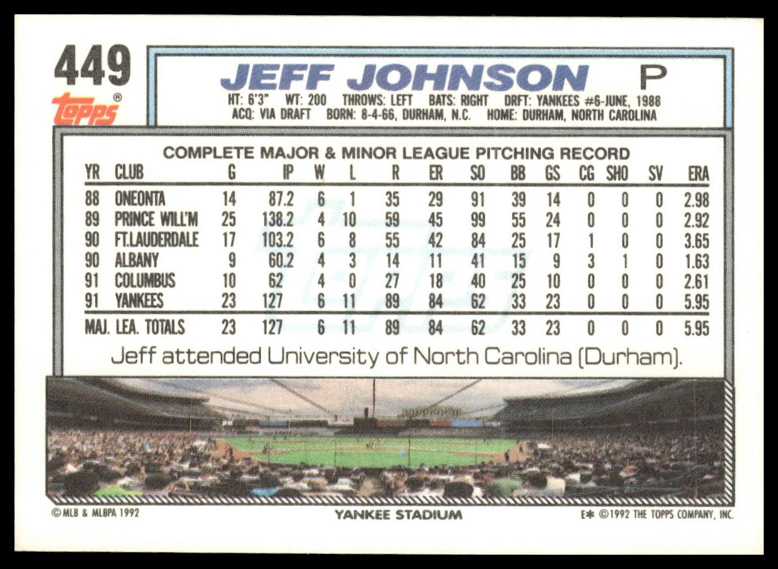 1992 Topps #449a Jeff Johnson print code F*