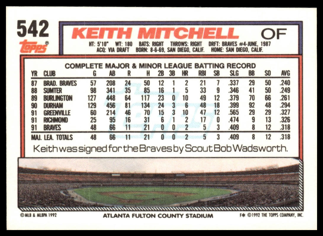 1992 Topps #542a Keith Mitchell print code F*