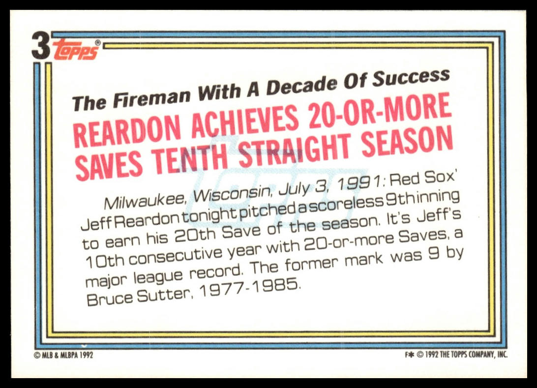 1992 Topps #3b Jeff Reardon Small Topps Gold logo on back