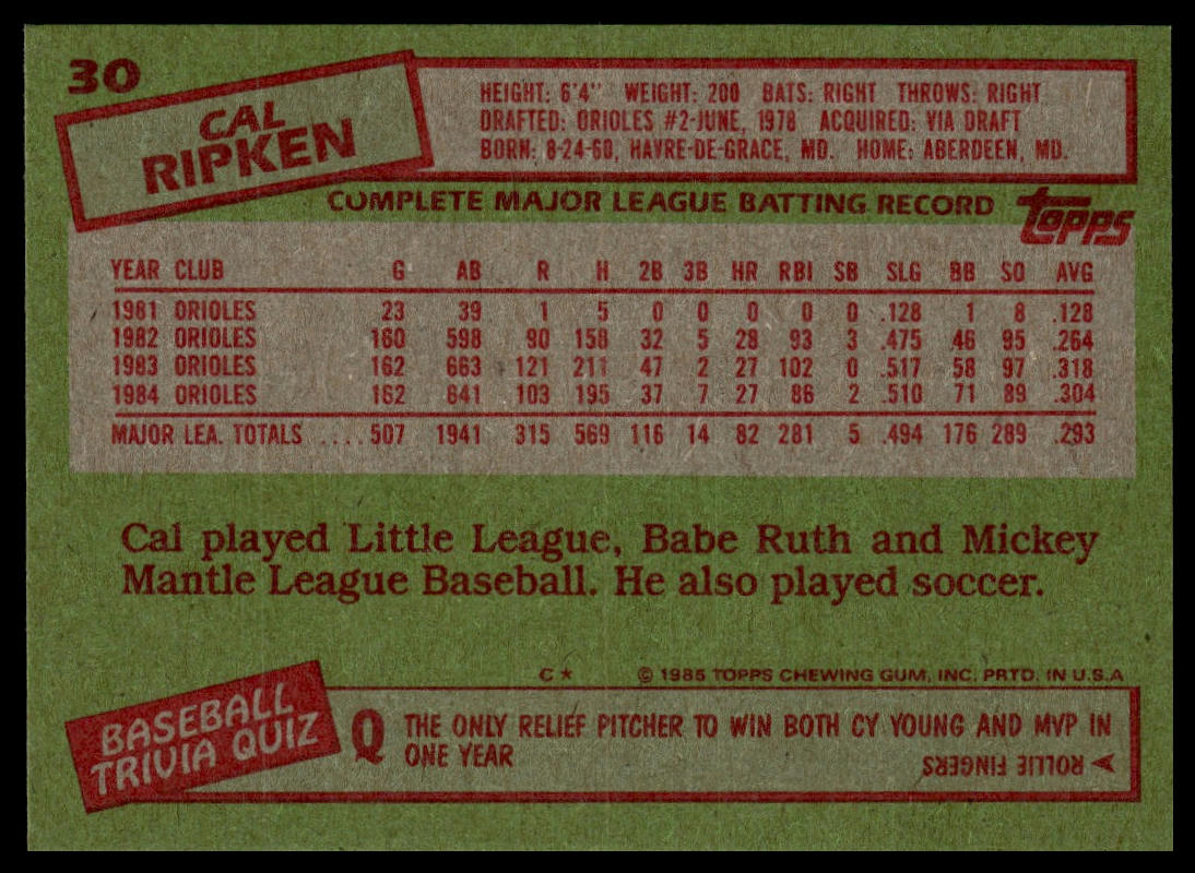 1985 Topps #30 Cal Ripken