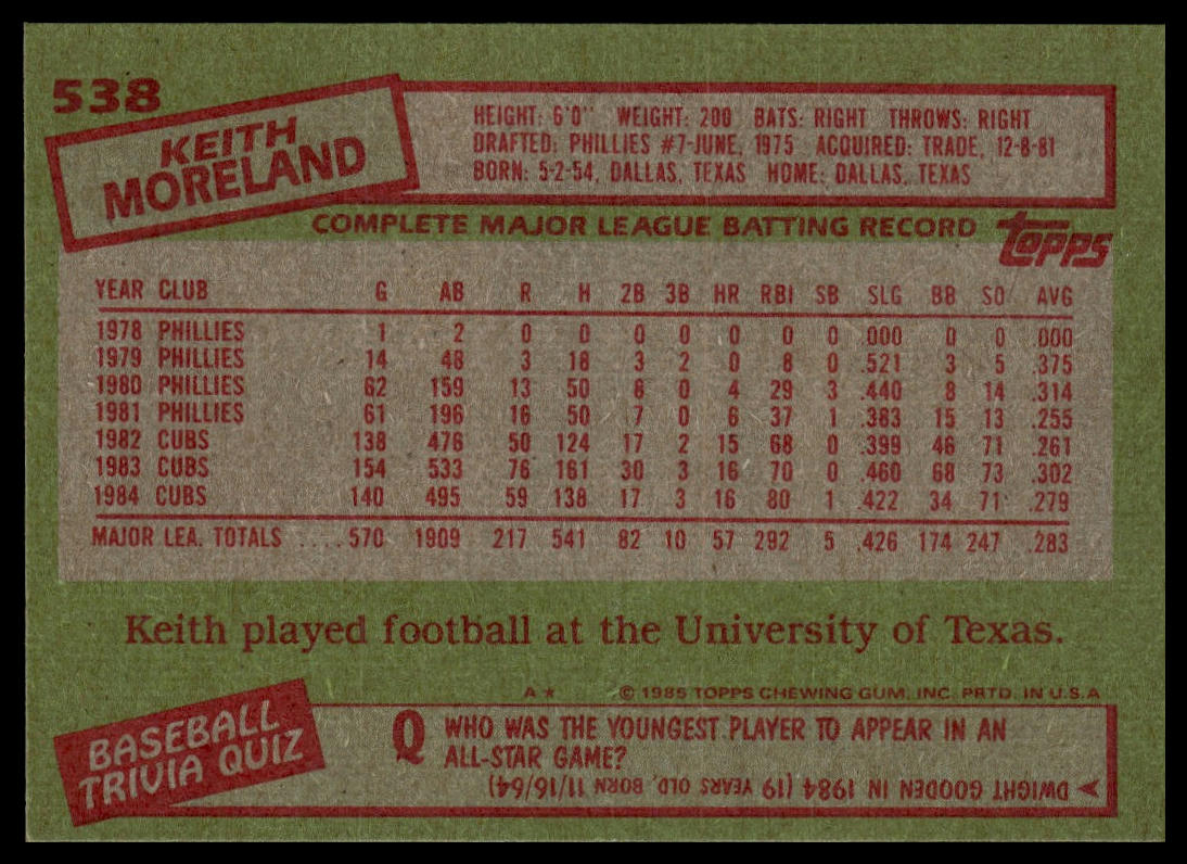 1985 Topps #538 Keith Moreland