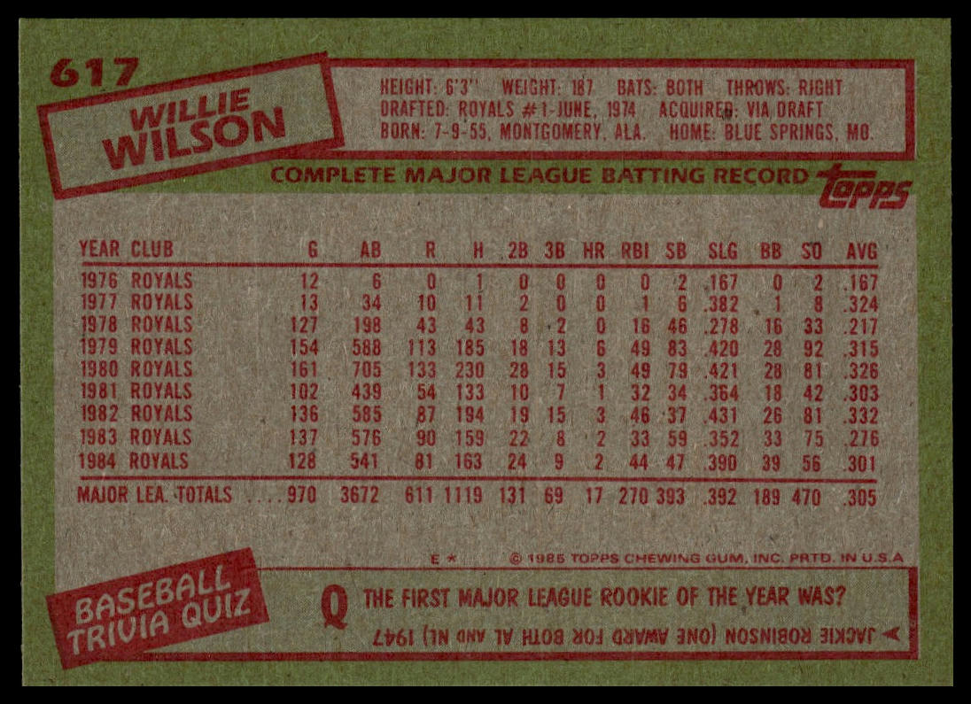 1985 Topps #617 Willie Wilson