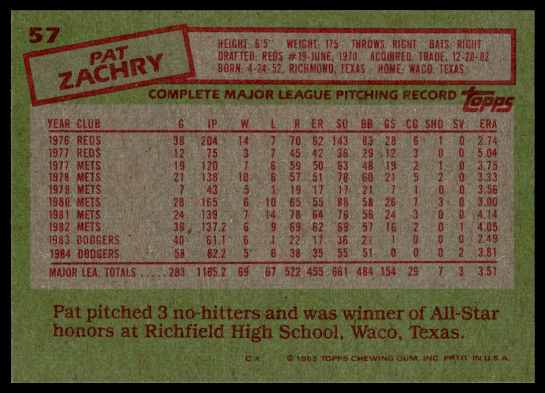 1985 Topps #57 Pat Zachry