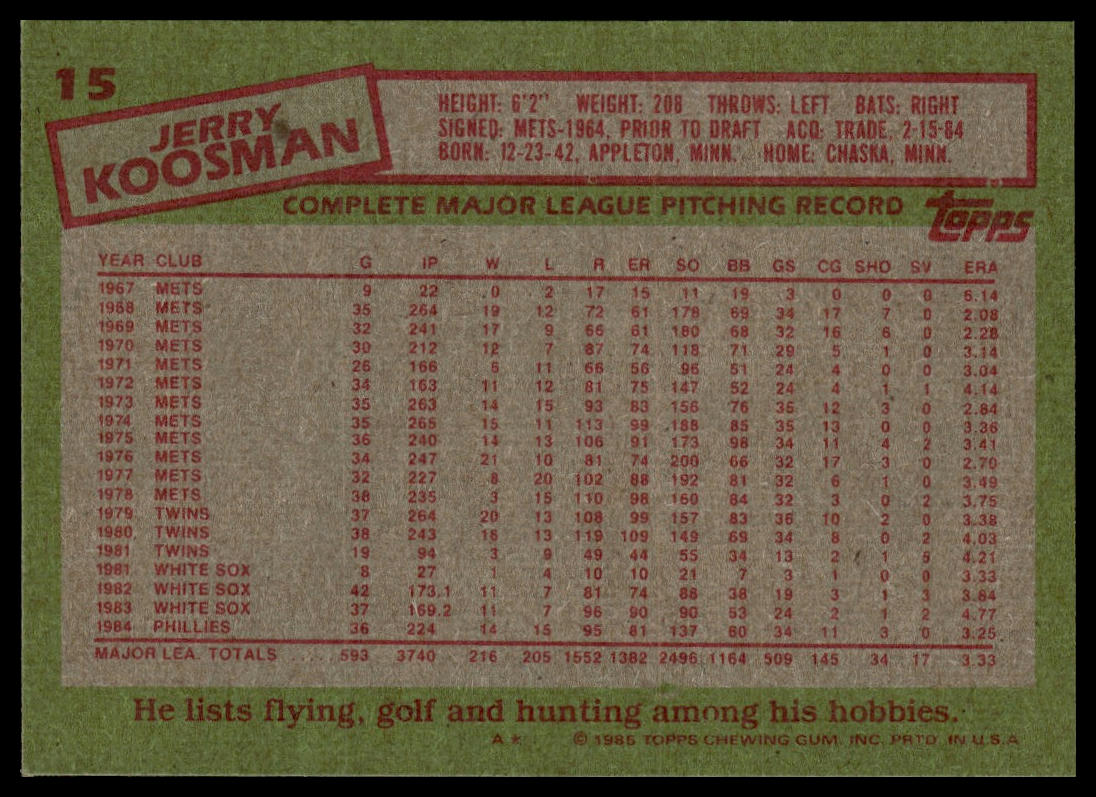 1985 Topps #15 Jerry Koosman