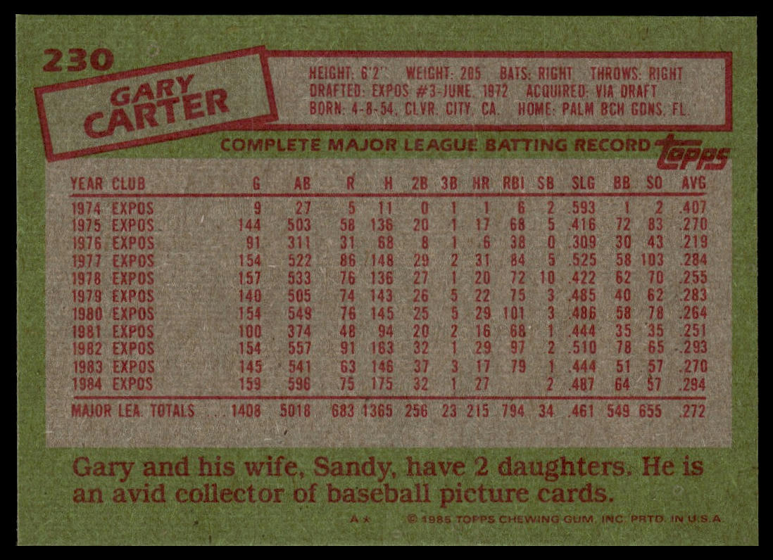 1985 Topps #230 Gary Carter
