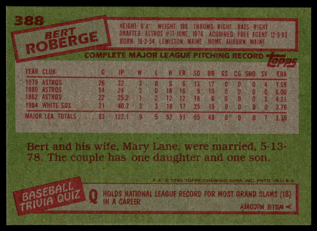 1985 Topps #388 Bert Roberge