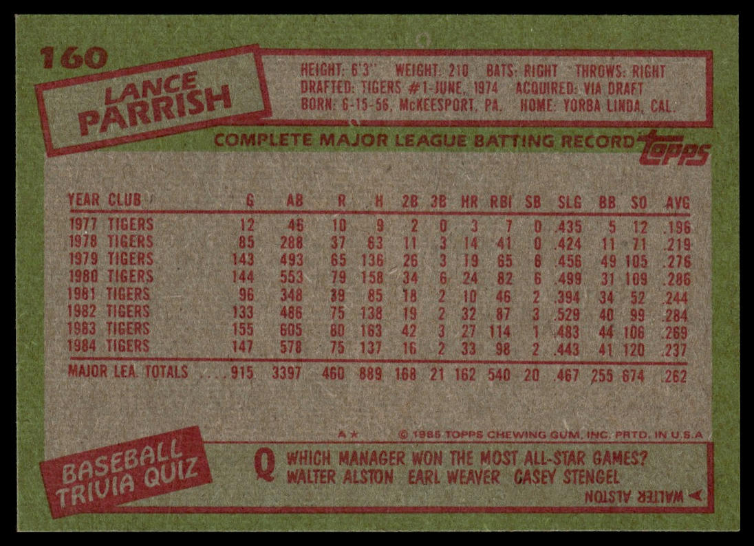 1985 Topps #160 Lance Parrish