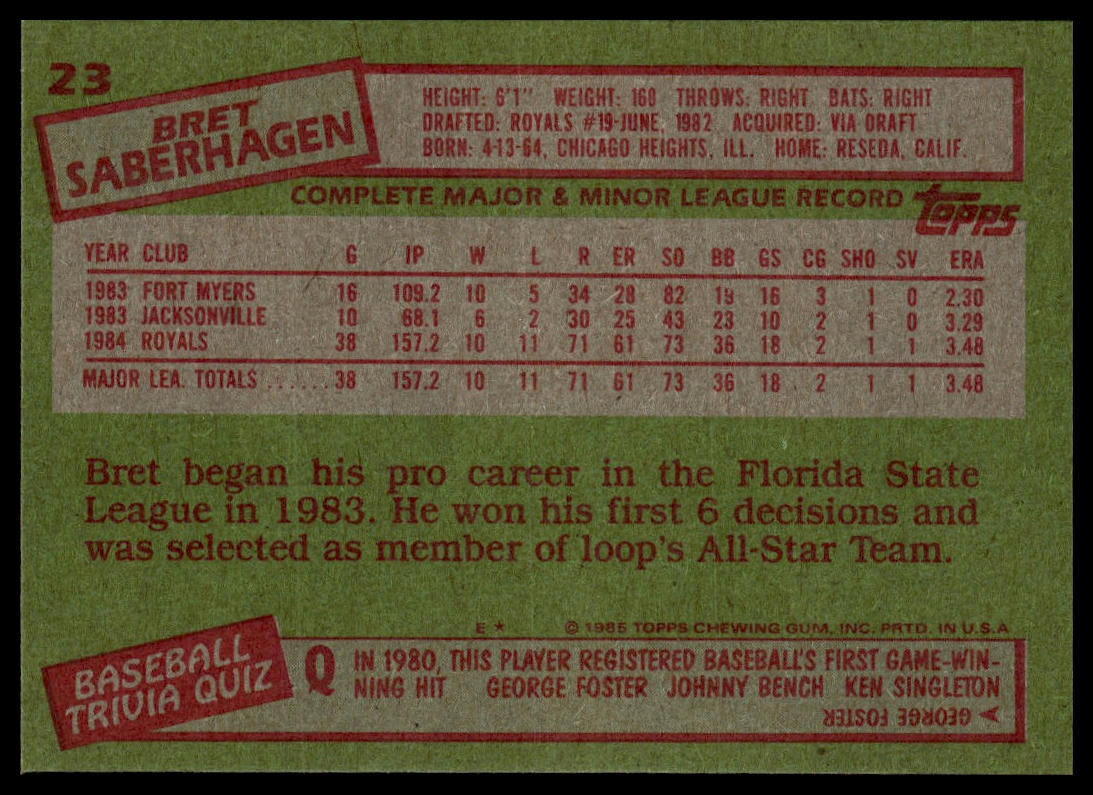 1985 Topps #23 Bret Saberhagen