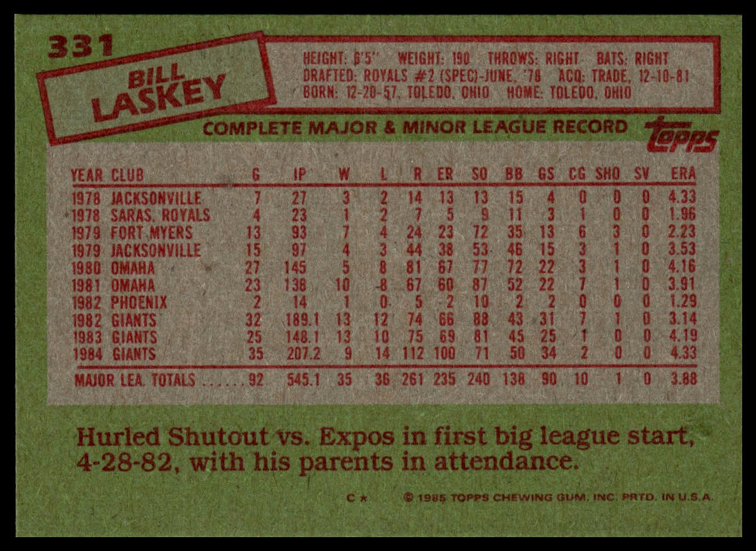 1985 Topps #331 Bill Laskey