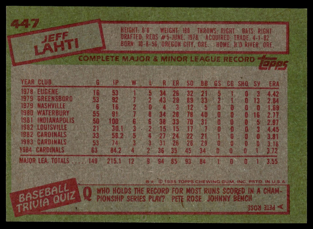 1985 Topps #447 Jeff Lahti