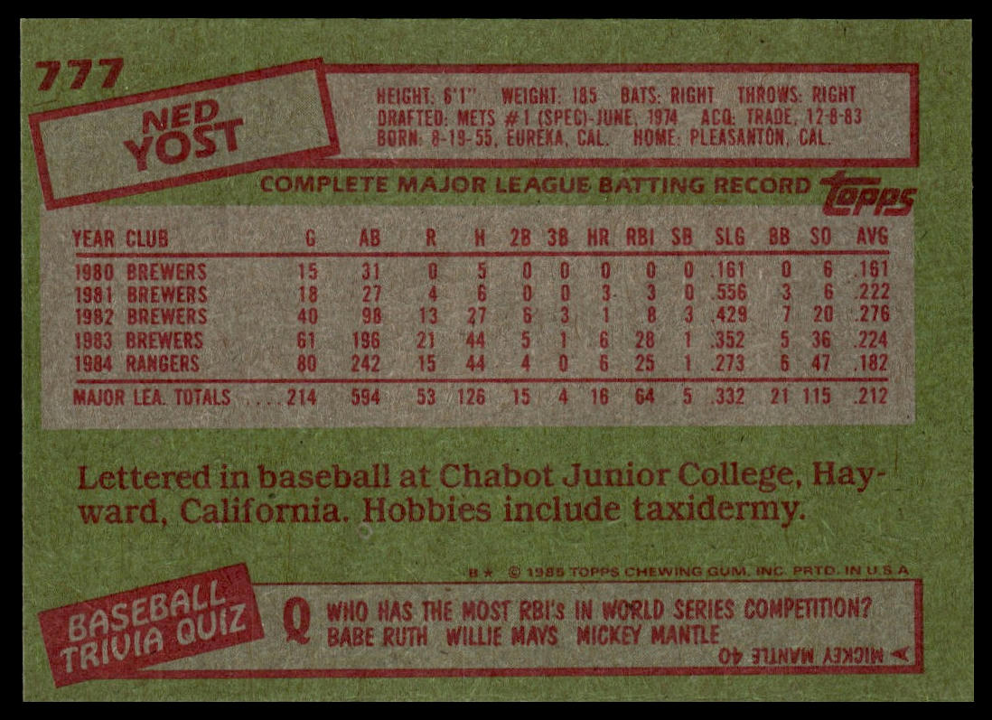 1985 Topps #777 Ned Yost