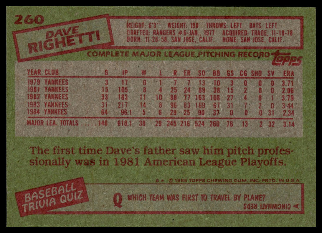 1985 Topps #260 Dave Righetti