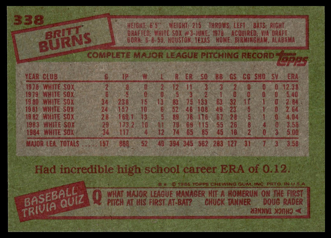 1985 Topps #338 Britt Burns